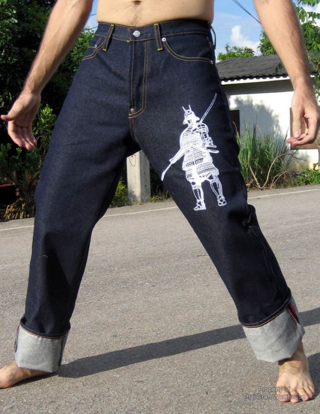 Asian Designer Jeans Embroidered Samurai 36 Button Fly  