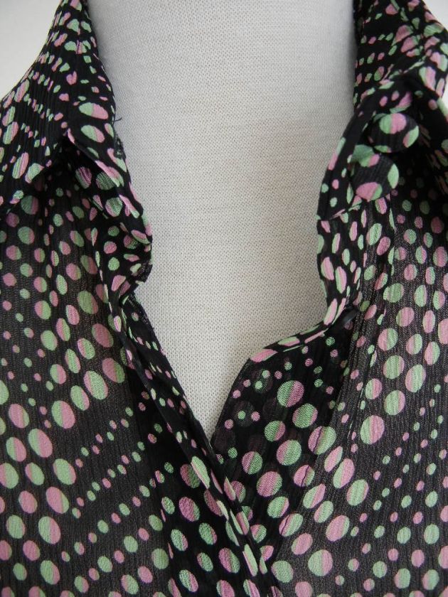 VERSACE Black Pink Green Polka Dot Silk Chiffon BLOUSE 42   Sheer Airy 