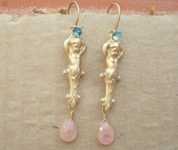 14k Gold Vintage French Cherub Pink Sapphire Earrings  