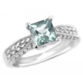    CUT BLUE AQUAMARINE ENGAGEMENT SOLITAIRE RING 14k WHITE GOLD ANTIQUE