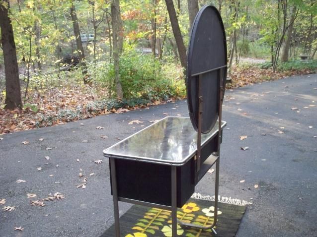   Vanity Dressing Table w/ Round Mirror Vtg Bedroom Furniture  