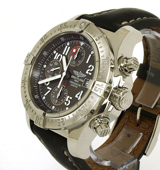 BREITLING AVENGER SKYLAND BLACK DIAL CHRONOGRAPH S/S LEATHER BAND 44MM 