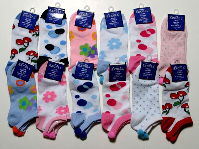 12 Pairs Womens Assorted Novelty Print Pom Poms Socks  