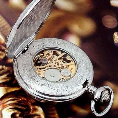 Silver Shiny Double Cover Hand Mechanical Pocket Watch FOB Roman ID 