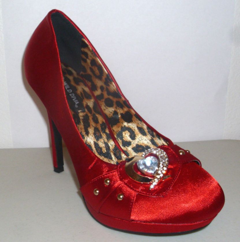 Red Satin Gem Heart Formal Pump High Heel Stiletto  