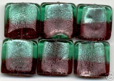Green& Amethyst Silver Foil Square Lampwork Glass Beads  