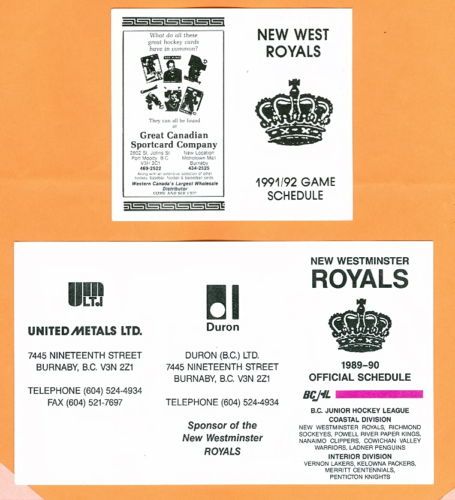 1989 90 New Westminster Royals Hockey Schedule BCJHL  