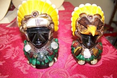   Mexican Jet Stone Statues, Aztec Priest, Resin & Semi Precious Stones