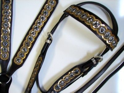 Western Headstall Rein Breastplate Fancy Gold & Brown  