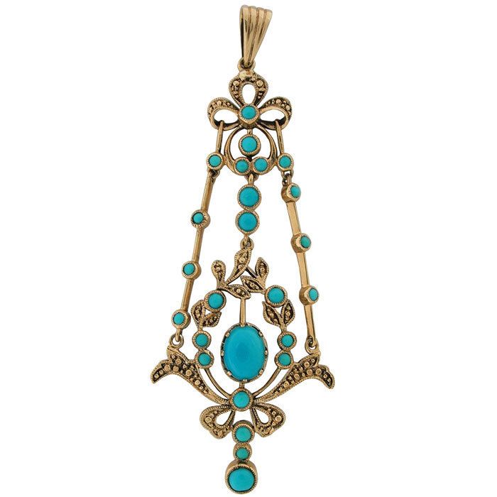 00ctw Genuine Turquoise Ladies Antique Pendant 14k YG  