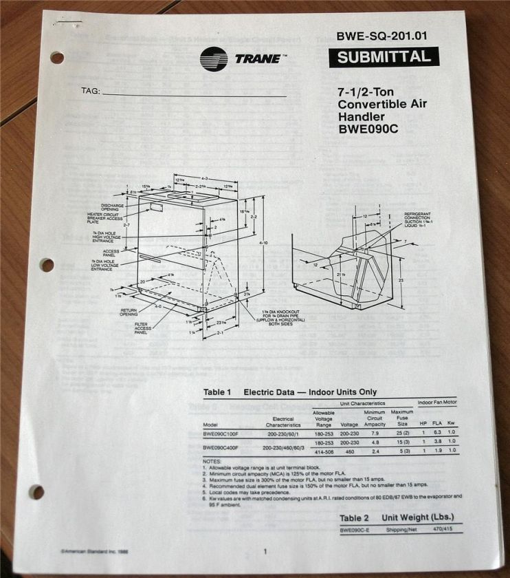 Trane BWE SQ 201.01 Submittal 71/2 Ton Convertible Air  