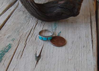 Vintage Zuni Inlay Ring Turquoise Channel Set Band  