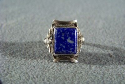 ANTIQUE SILVER MARCASITE HUGE LAPIS FANCY BAND RING 8.5  