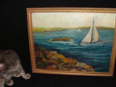 1960S ANTIQUE VINTAGE SAILBOAT BUTLER OIL PAINTING OLD  