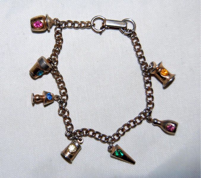 Vintage Gold Charm Bracelet Of Spool Thimble & 5 More  