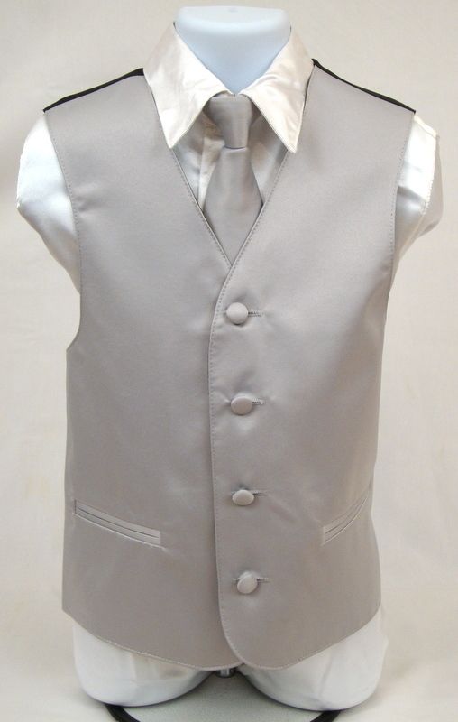 Boys Silver Tuxedo Vest Clip On Tie Kids Dress Vest Set Size 8  