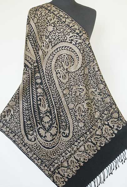 Heirloom Quality Shawl. Dense Paisley Embroidery. Black Wool. Crewel 