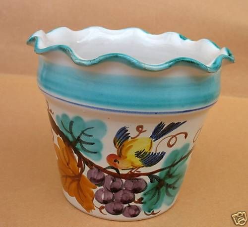 Italian Art Pottery Planter Turquoise Bird Grape Leaves  