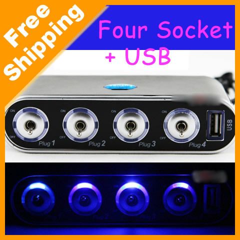   Lighter Socket Splitter 4 Way 12V+USB+LED light Charger (2464)  