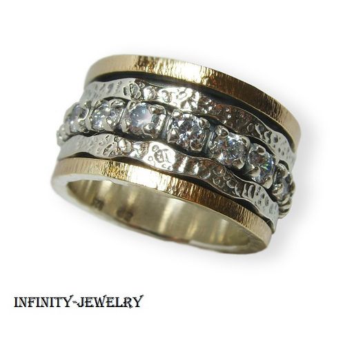 GOLD 14K CZ Spinner Wedding Ring Silver Size 8.5 us  