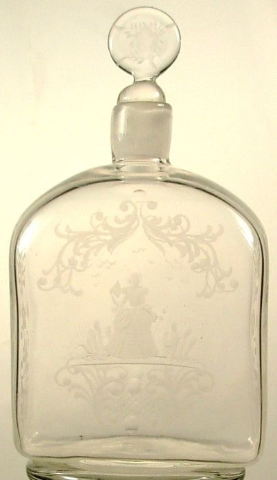 ETCHED CUT WOMAN MAN COLOGNE LIQUEUR BOTTLE PONTIL CIRCA 1800S  