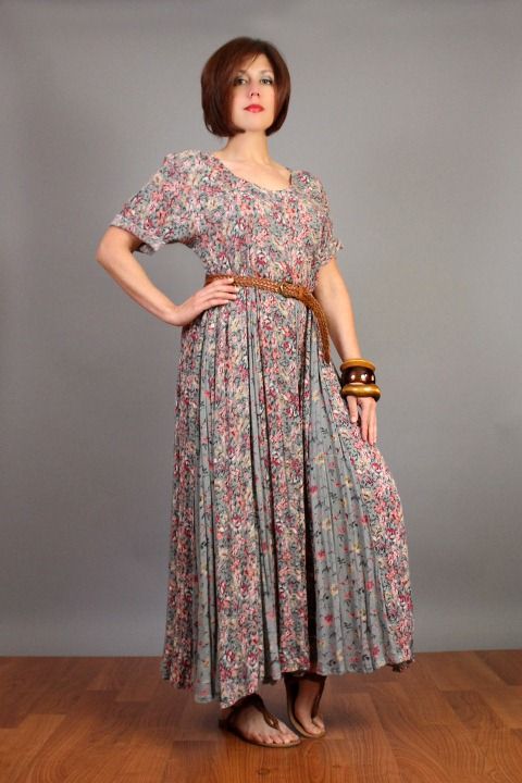 vtg 80 ENGLISH ROSE Floral SHEER Panel Draped Sweep Gypsy Grunge Maxi 