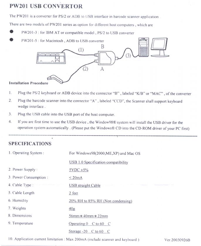 UNITECH PW201 3 KEYBOARD WEDGE TO USB CONVERTOR NEW  