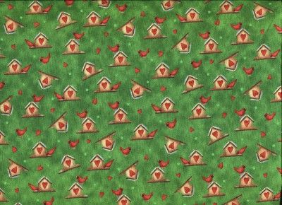 SM CARDINALS BIRDHOUSES HEARTS GRN Cotton Quilt Fabric  