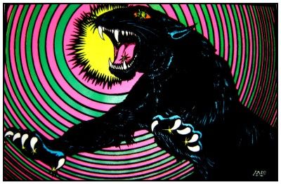 Vintage 1970s Blacklight~PANTHER~Psychedelic Spiral Flocked Poster 