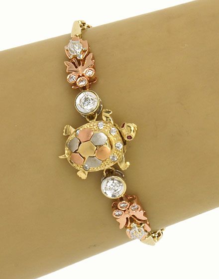 LAVISH TRI COLOR 14K & DIAMONDS TURTLE MOTIF BRACELET  