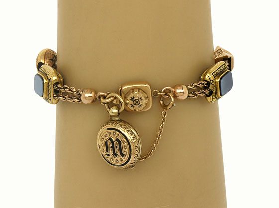 VICTORIAN 14K GOLD SLIDE CHARM BRACELET W/ 9 CHARMS  