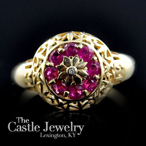 MENS ROUND RUBY & DIAMOND KENTUCKY CLUSTER RING 10K YG  