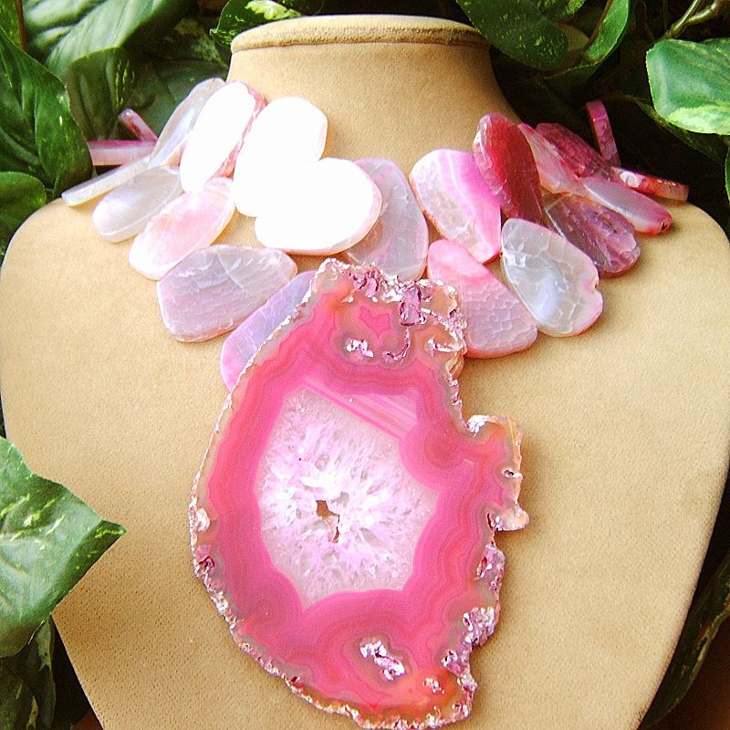   FREEFORM AGATE GEODE SLICE PENDANT DRUZY CRYSTAL NECKLACE BIG JEWELRY