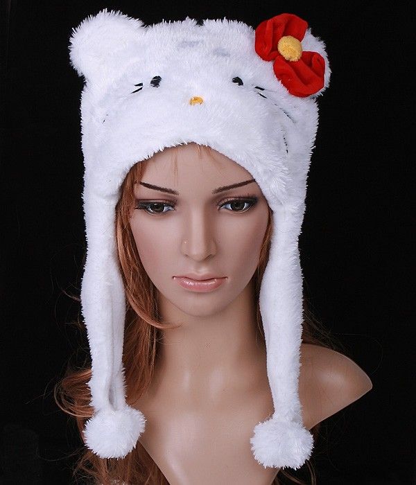 New Lovely Cartoon Animal Cute Cat Plush Soft Warm Cap Hat Scarf White 