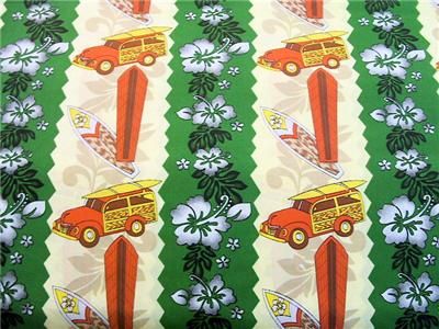 SURFER WOODY HAWAIIAN HIP FUNKY GREEN TAN RETRO FABRIC  