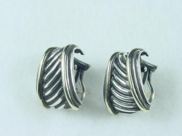 David Yurman .925 Sterling Silver SS 14K Gold Cigar Earrings  