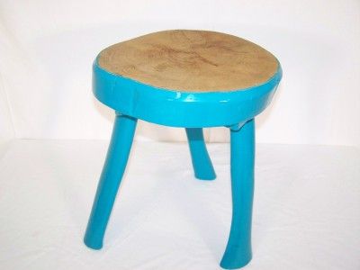 VINTAGE RETRO FRENCH SKI CHALET ARCS era TRIPOD WOOD STOOL BLUE 70s 