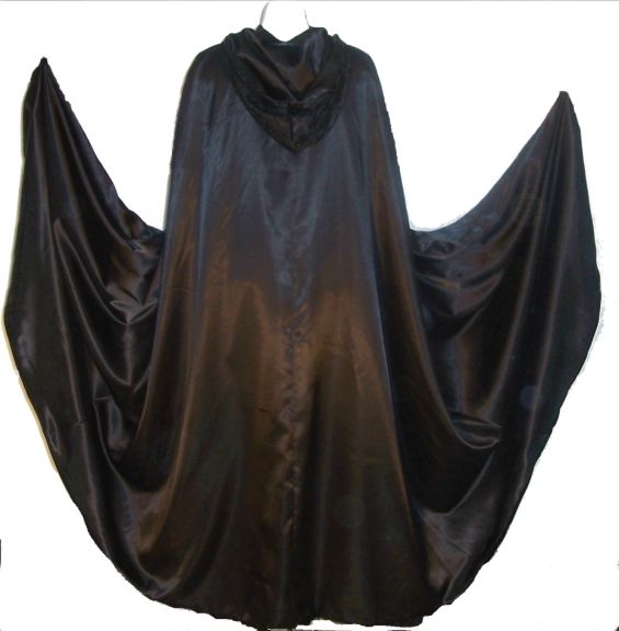 Satin Black Red long Cape Cloak Hood YOU can change the lining color 