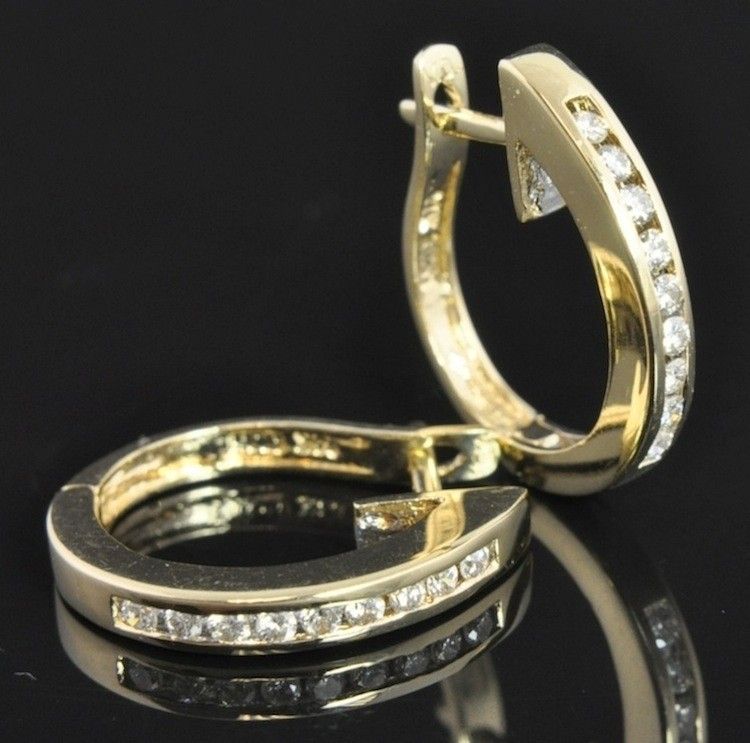   Gold .18 CT Diamond Channel French Clip Polished Huggie Hoop Earrings