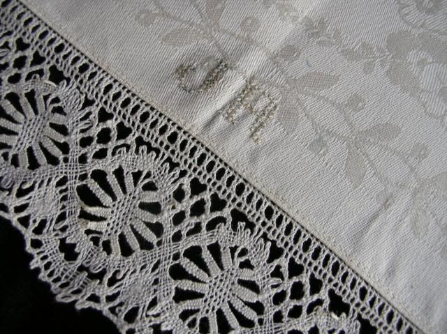 c1910 ART NOUVEAU LINEN Damask FUSCHIA TEA TOWEL Bobbin Lace  German^i 