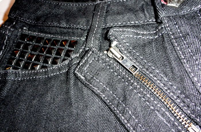 Monarchy Studded Denim Mini Skirt Black, Medium, worn look