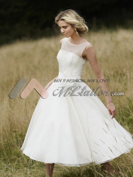 Custom Made A line Jewel Organza Overlay Tea Length Satin Wedding 