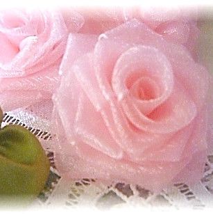 Lg. Handmade Organza Ribbon Roses Appliques PINK  