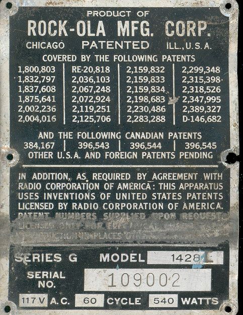 Rock ola 1428 # 109002 serial number identification plate or tag 