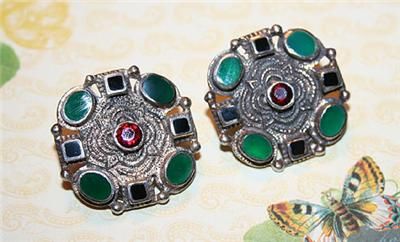 VINTAGE STERLING Silver GEMSTONE Clip EARRINGS Etruscan GARNET 