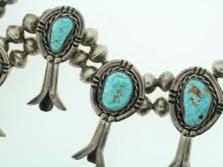   American Navajo Sterling Silver W/ Turquoise Squash Blossom Necklace