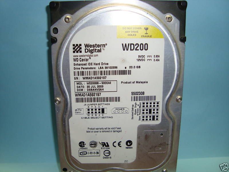 WESTERN DIGITAL 20 GB IDE HARD DRIVE WD200BB 53DEA0  