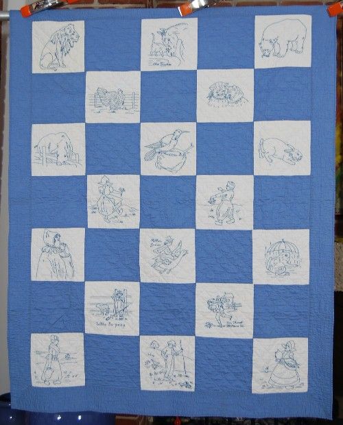 30s Bluework Nursery Rhyme Antique Crib Penny Quilt  