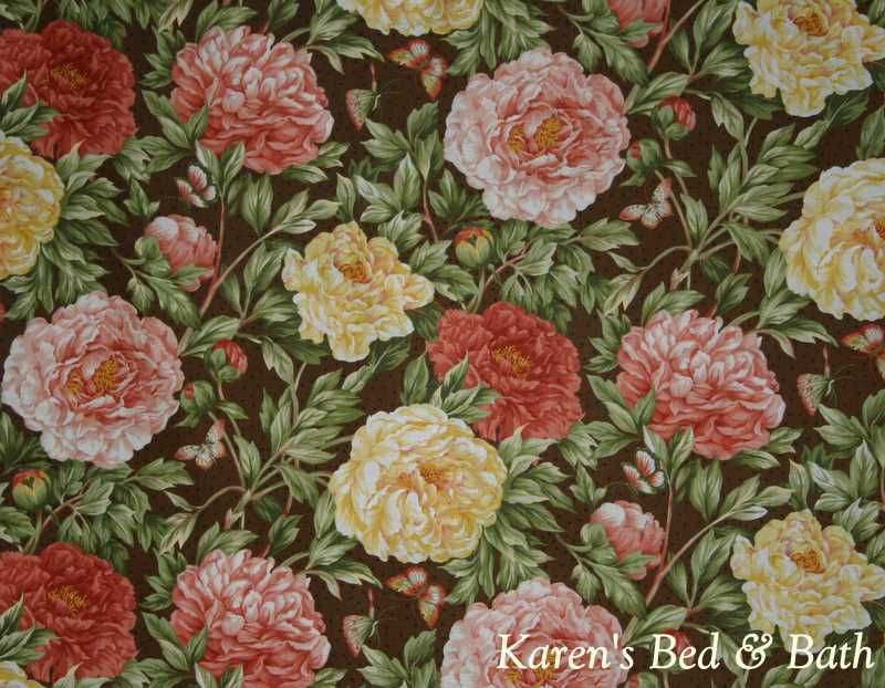   Yellow Peach Pink Floral Scenic Flowers on Brown Curtain Valance